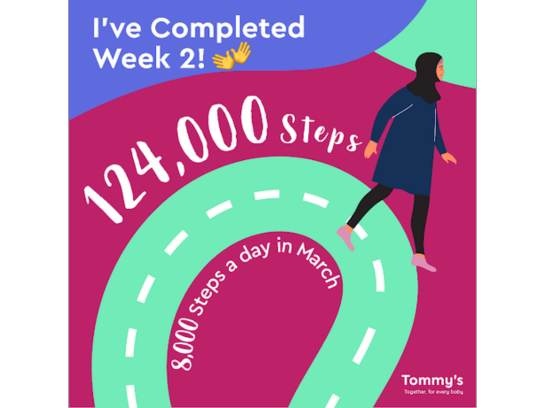 Creative for the Tommy's Facebook Challenge. Text reads 'I've completed week 2!' with the marker of 124,000 steps. The image includes a cartoon of a woman walking along a path