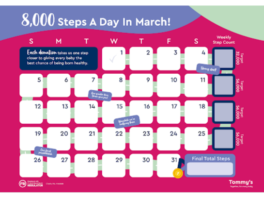 Facebook Challenge daily tracker for 8,000 Steps a Day in March