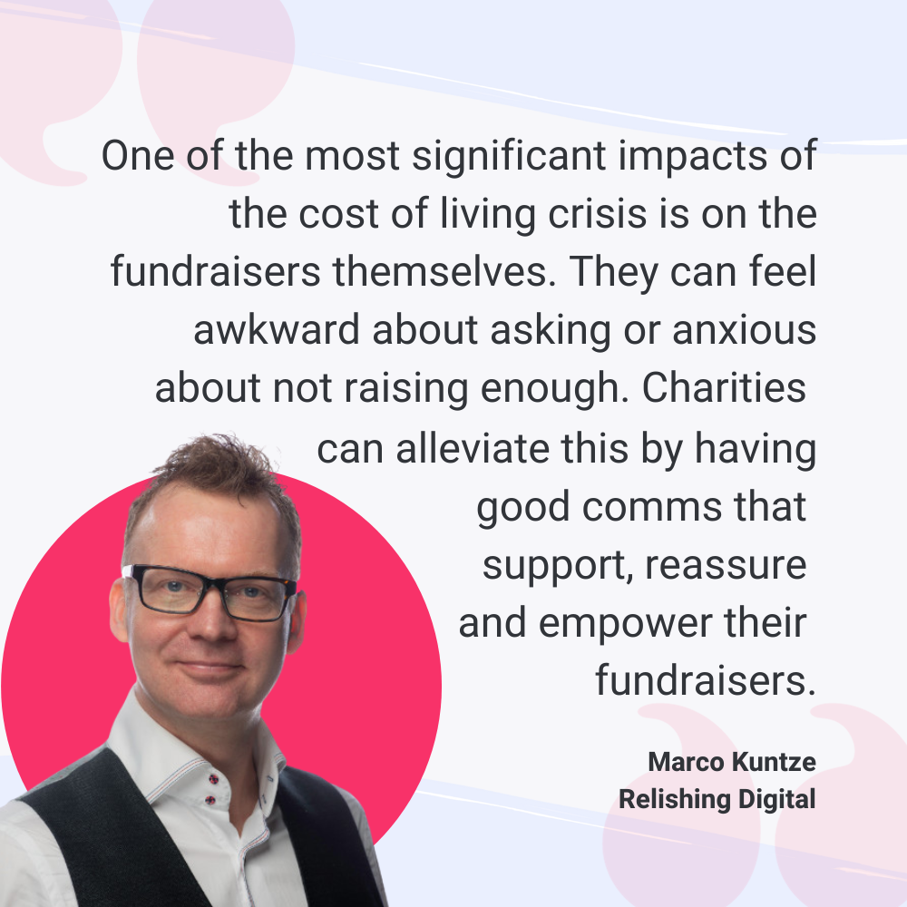 Quote graphic from Marco Kuntze of Relishing Digital. Text reads 'One of the most significant impacts of the cost of living crisis is on the fundraisers themselves. They can feel awkward about asking or anxious about not raising enough. Charities can alleviate this by having good comms that  support, reassure and empower their fundraisers.'