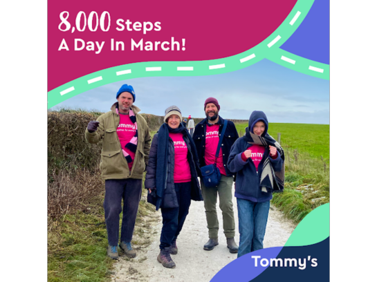 8,000 steps a day in March creative featuring a family out walking wearing pink Tommy's t-shirts