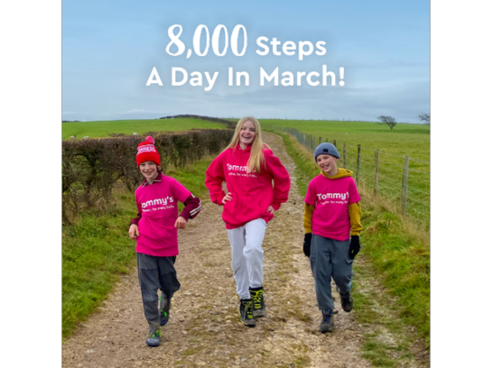 8000 steps a day in March creative featuring three children outside walking, wearing pink Tommy's branded clothing