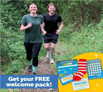 Photo of a man and a woman running outside. They are running on a path with green shrubs either side and are both smiling towards the camera. At the bottom, there is text that reads 'Get your Free Welcome pack!' and an image of the welcome pack contents include striped socks and a daily tracker