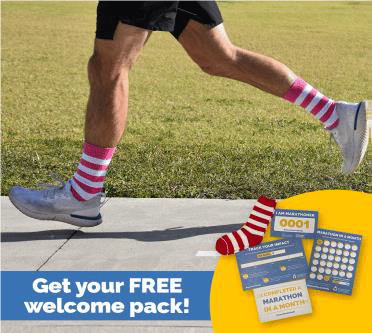 Photo of a pair of men's legs from the thighs down. He is running outside and is wearing shorts, striped socks and trainers. At the bottom of the image there is text that reads 'Get your free welcome pack!' and an image of the pack's contents including striped socks, daily tracker and a marathon running slip.