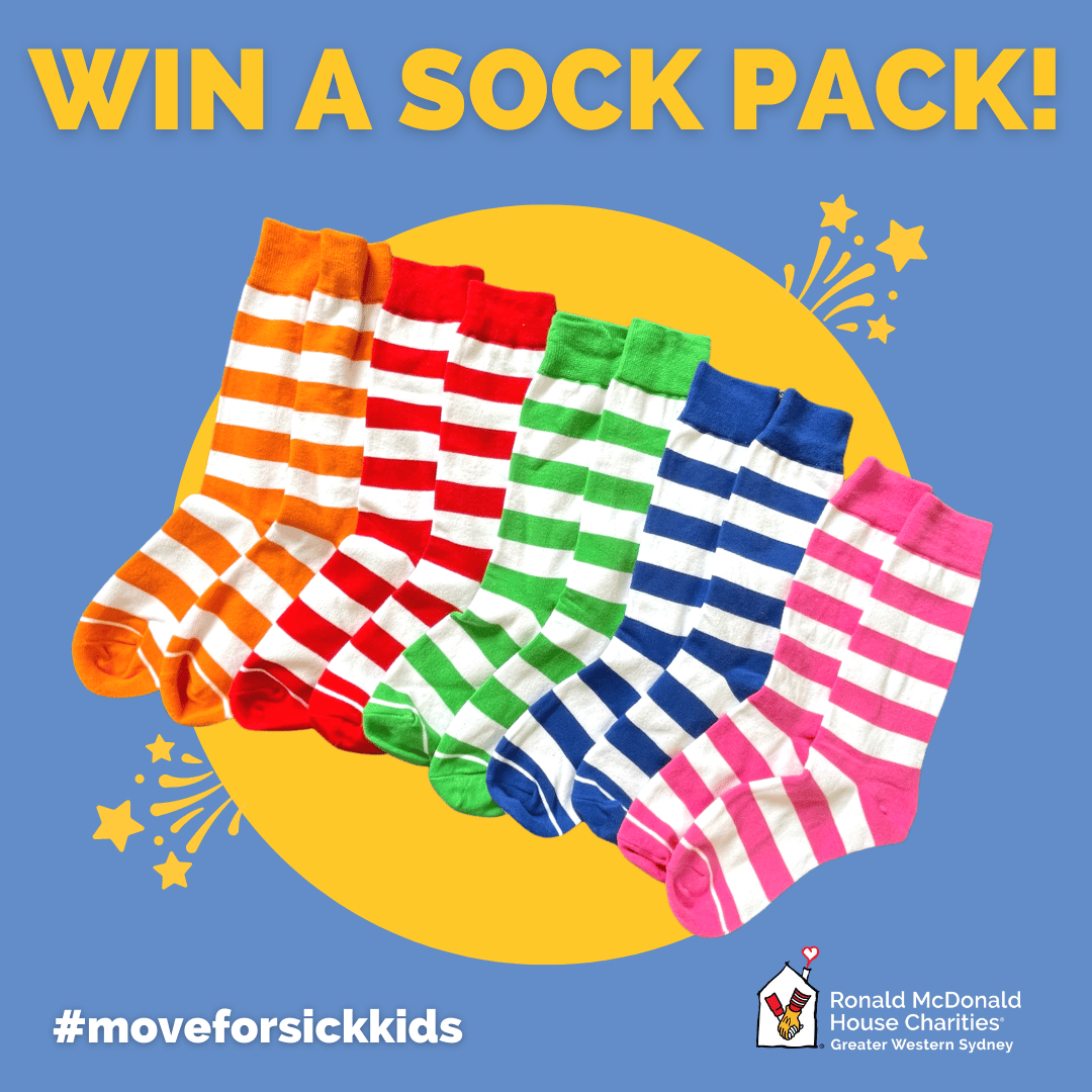 Graphic of striped socks. There are five different colours - orange, red, green, blue and pink. At the top of the image there is text that reads 'Win a sock pack!' At the bottom there is a hashtag of #moveforsickkids