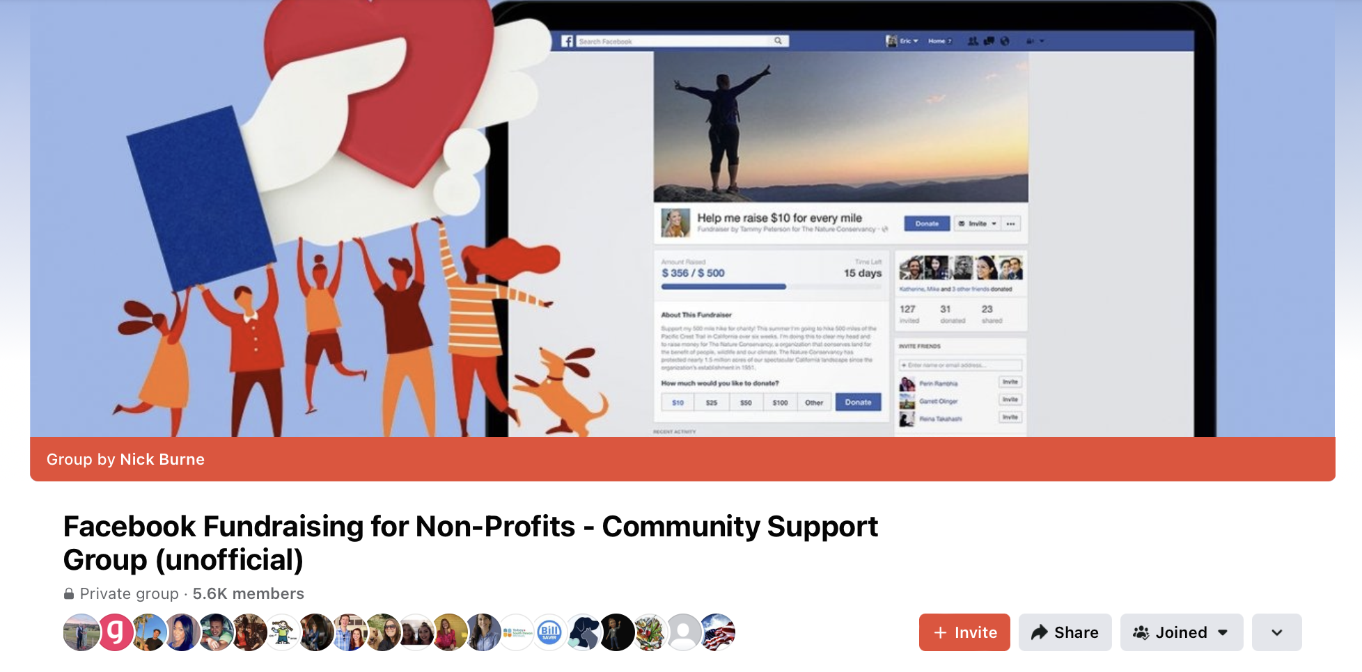 Screenshot of a Facebook Group: Facebook fundraising for non-profits - community support group (unofficial)