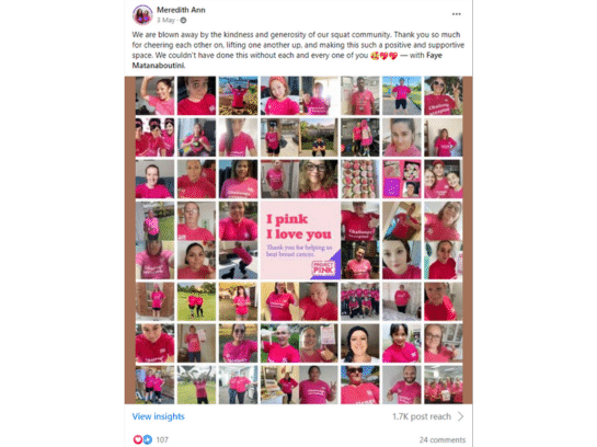 Screenshot of a group post. Text reads 'we are blown away by the kinds and generosity of our squat community. Thank you so much for cheering each other on, lifting one another up and making this such a positive and supportive space. We couldn't have done this without each and every one of you.' The image is a grid of several photos of women wearing the pink Challenge t-shirt.