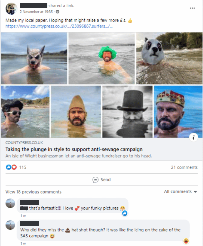 Screenshot of a Facebook Group post. The image contains multiple images of a man swimming in the sea wearing various hats and masks