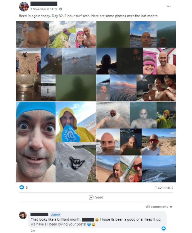 Screenshot of a Facebook Group post. The image contains multiple photos of a man swimming in the sea