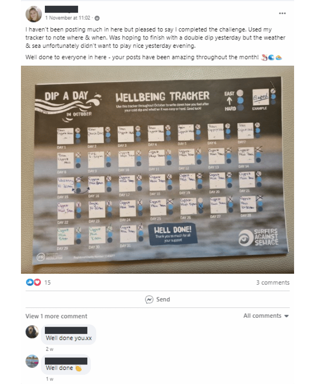 Screenshot of a Facebook Group post. The image is of the daily tracker incentive