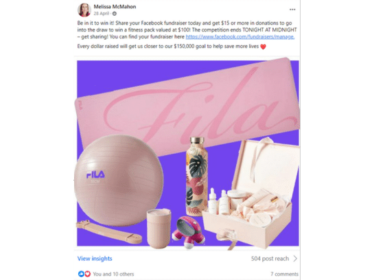 Screenshot of a group post. The image displays a collection of items including a balance ball, yoga mat and water bottle