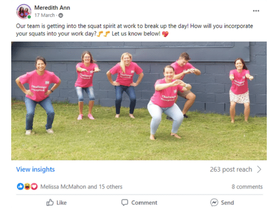 Screenshot of a group post. The photo is of 5 women and 1 man wearing pink PA Research Foundation t-shirts. They are squatting and smiling at the camera