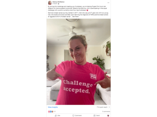 Screenshot of a group post. The photo is of a woman pointing towards her pink PA Research Foundation t-shirt. The text on the t-shirt reads 'Challenge accepted'