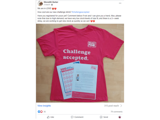 Screenshot of a group post. The image is of the PA Research Foundation pink Challenge t-shirt. On top of the t-shirt is a thank you letter and a Challenge tracker