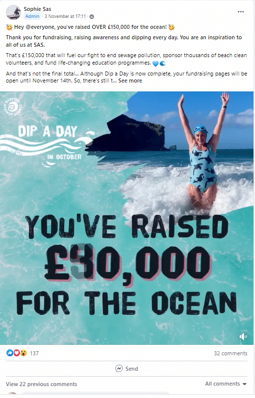 Screenshot of a Facebook Group post by Sophie. The image is of a woman in the sea with her arms raised as a wave comes in behind her. There is a text overlay in front that reads 'You've raised £40,000 for the ocean'.