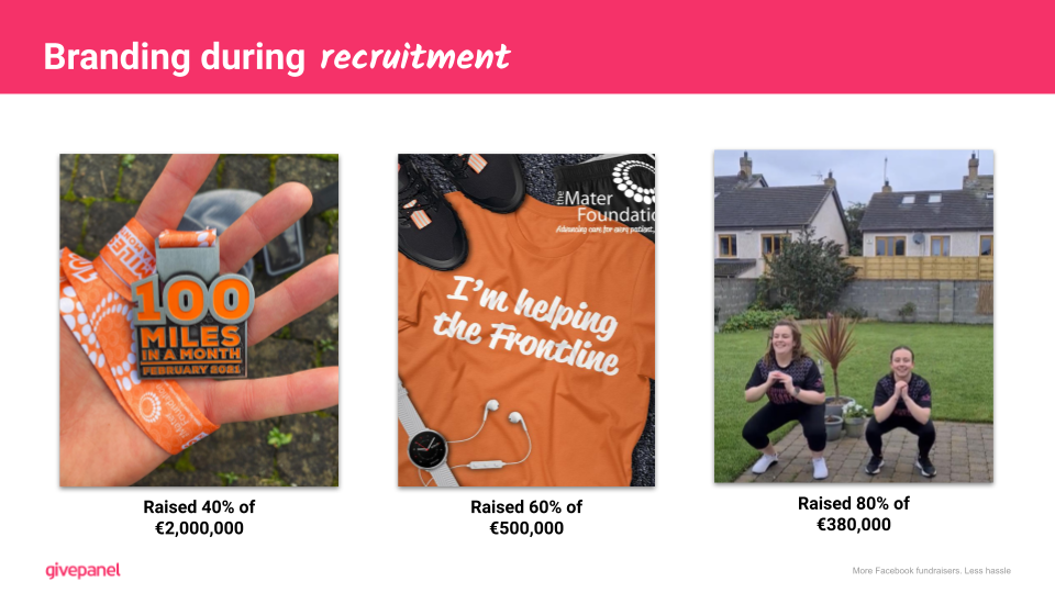 Presentation slide from the webinar. Title is 'Branding during recruitment'. Below are three images showing various images used for Facebook Challenges ads. 