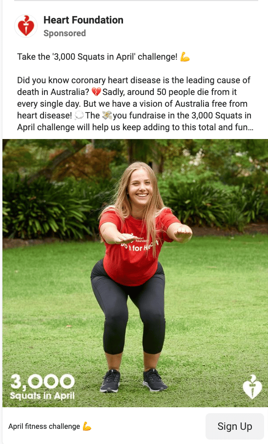Screenshot of a Heart Foundation Facebook Challenge Facebook ad which has a photo of a young woman who is outside in a park setting. She is wearing a Heart Foundation red t-shirt and is smiling, demonstrating a squat position.