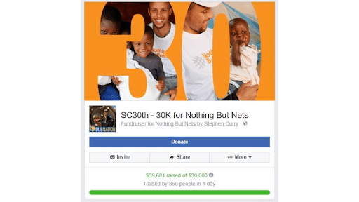 Screenshot of a Facebook birthday fundraiser, titled SC30th - 30K for Nothing But Nets