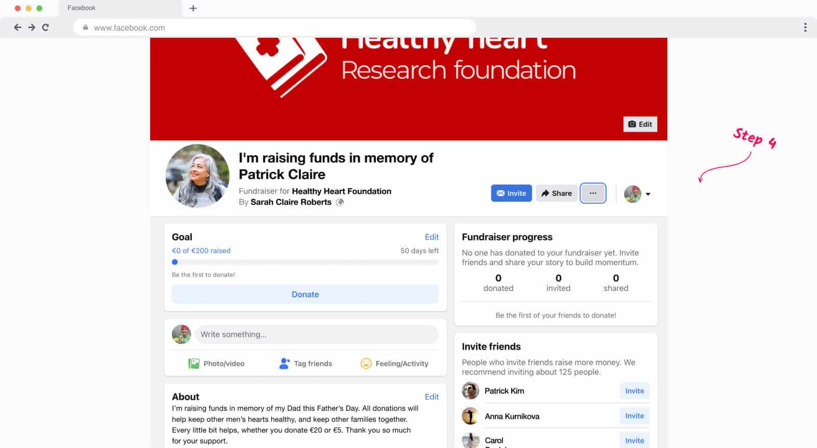 An example of a custom Facebook Fundraising page for In-Memory.