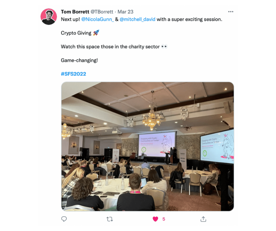 Screenshot of a tweet which reads 'Next up Nicola Gunn and David Mitchell with a super exciting session. Crypto Giving. Watch this space those in the charity sector. Game changing!'