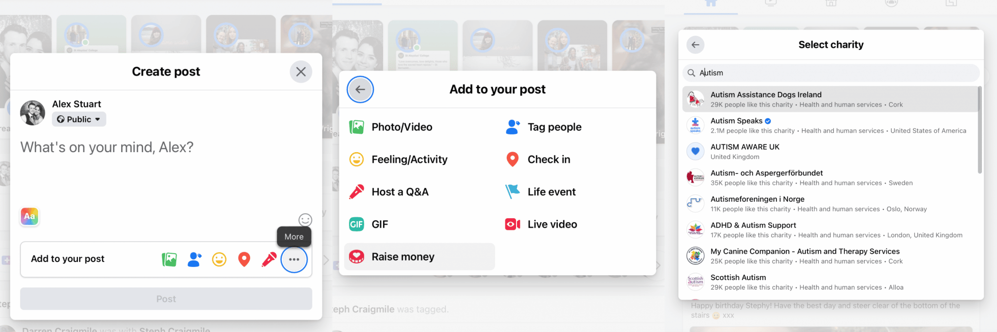 Three step process shown of adding a charity to raise money for in a 'Create Post' on Facebook