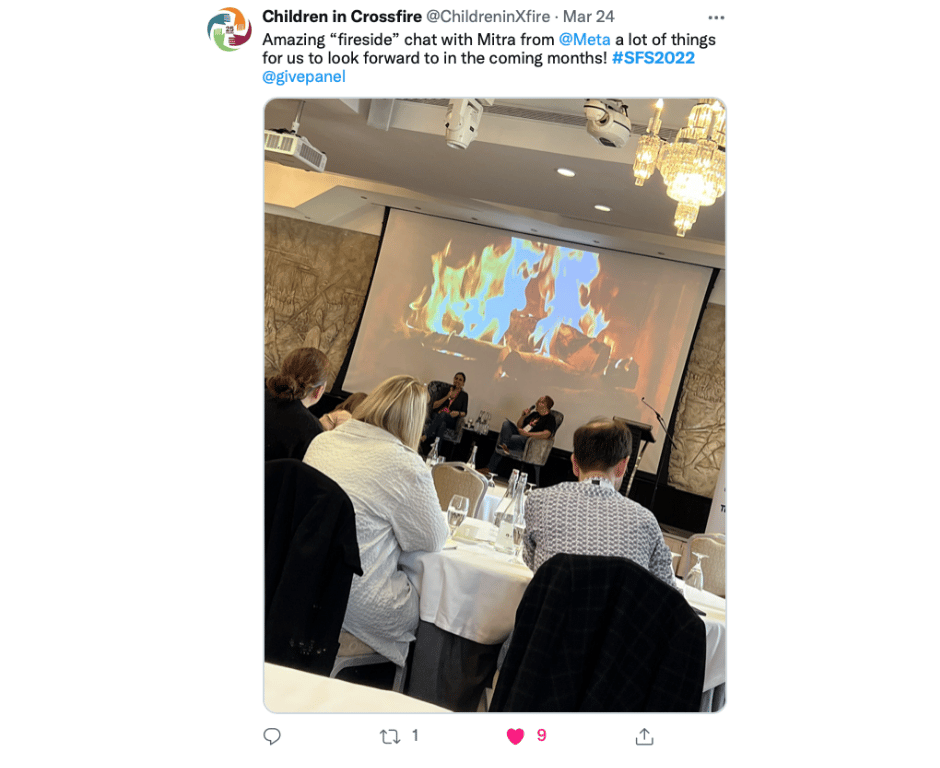 Screenshot of a tweet by Children in Crossfire which reads Amazing “fireside” chat with Mitra from  @Meta  a lot of things for us to look forward to in the coming months! #SFS2022  @givepanel