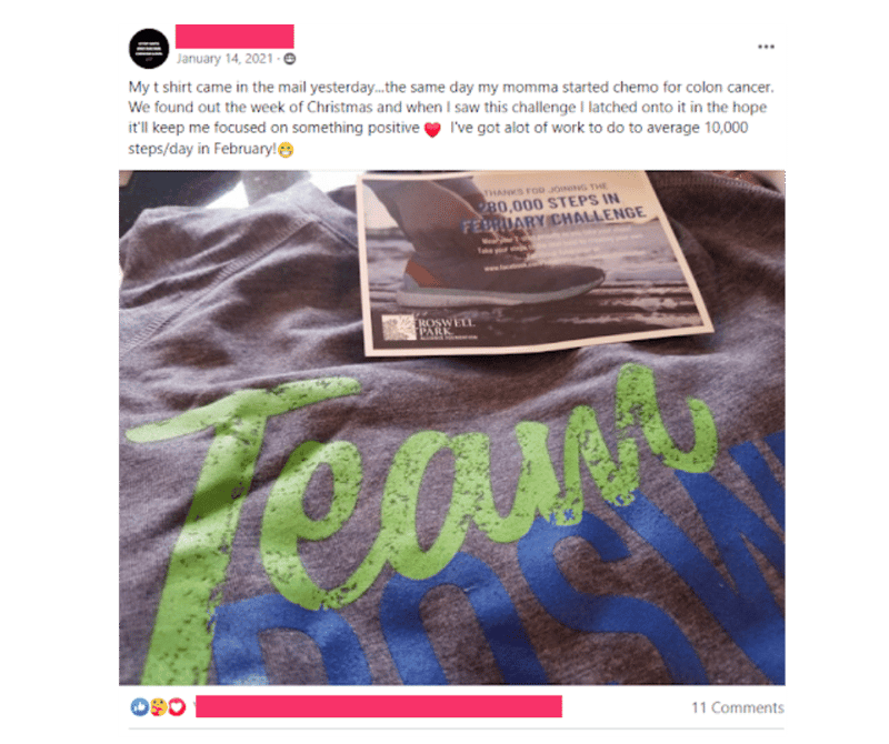 Screenshot of a post to the Facebook Group. The post includes an image of the Challenge t-shirt alongside a printed image of the challenge.
