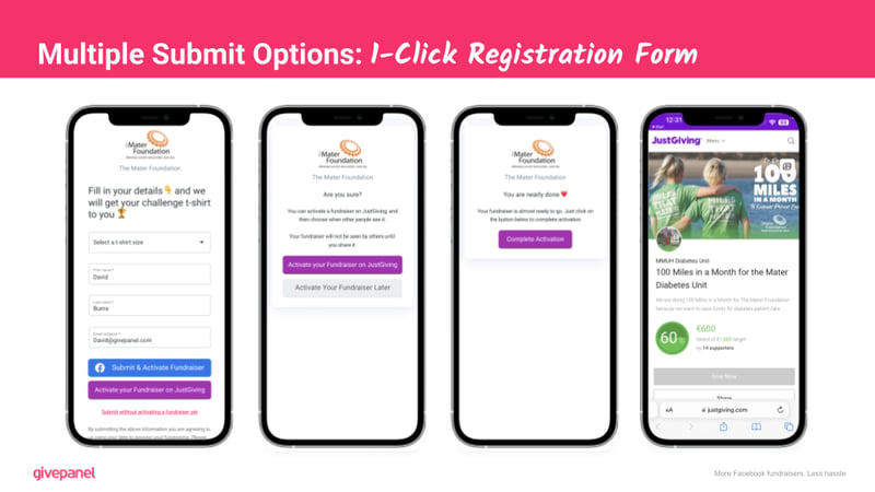 Presentation slide from the webinar. The slide shows the supporter journey for the Multiple Submit option. There are 4 mobile phone screens detailing each step. The journey shows that the supporter is shown the option to activate a fundraiser either on Facebook or on JustGiving. If they choose to activate later, they are shown a screen detailing the benefits of activating on JustGiving.