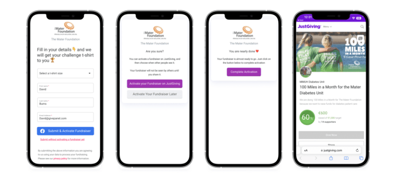 There are 4 mobile phone screens side-by-side. Each shows the next step in GivePanel's JustGiving integration for registration forms that the supporter will see on Facebook.