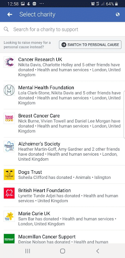 Screenshot of the Facebook birthday fundraising charity list on mobile 