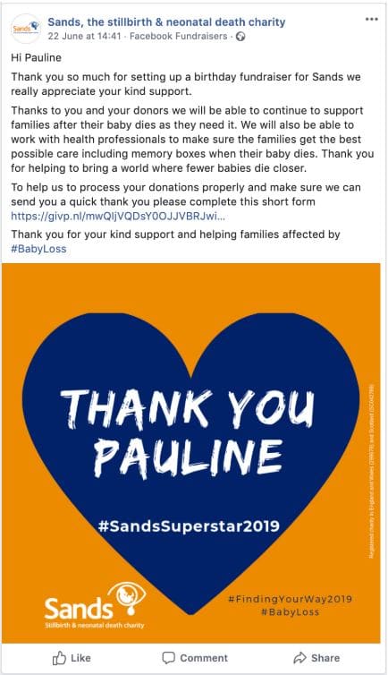 Sands facebook fundraiser thank you