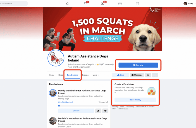 screenshot of a Facebook fundraiser, highlighting areas for list of fundraisers, Create a Fundraiser and Donate Button 