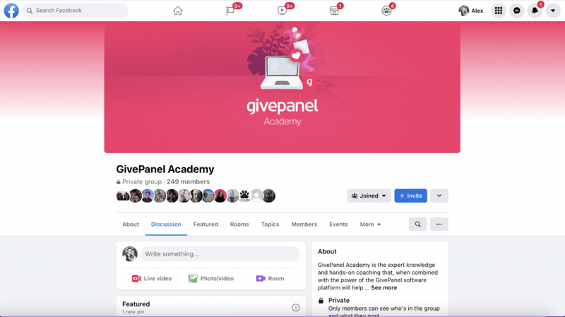 Screenshot of the GivePanel Academy Facebook group
