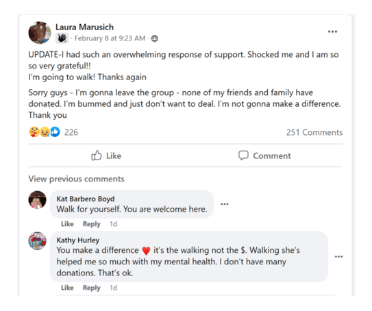 Screenshot of a Facebook post thanking others for their support