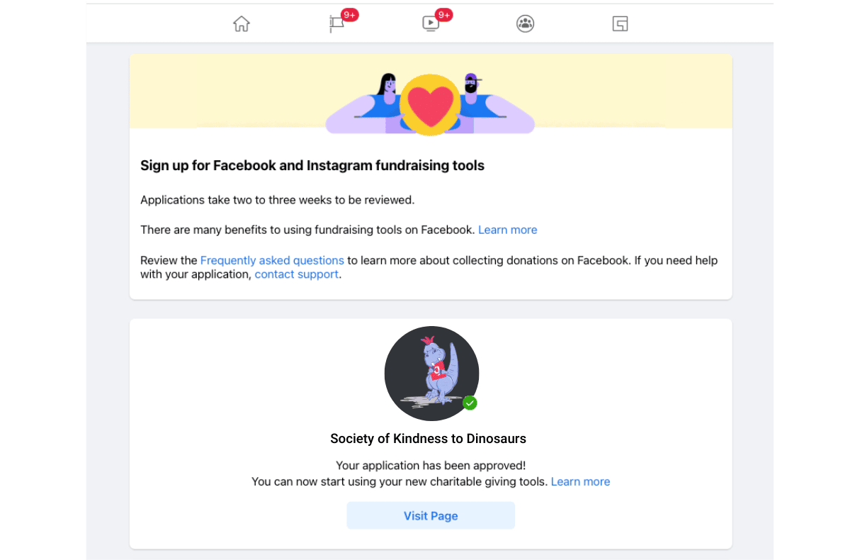 Screenshot of the approval page for Facebook's Giving Tools
