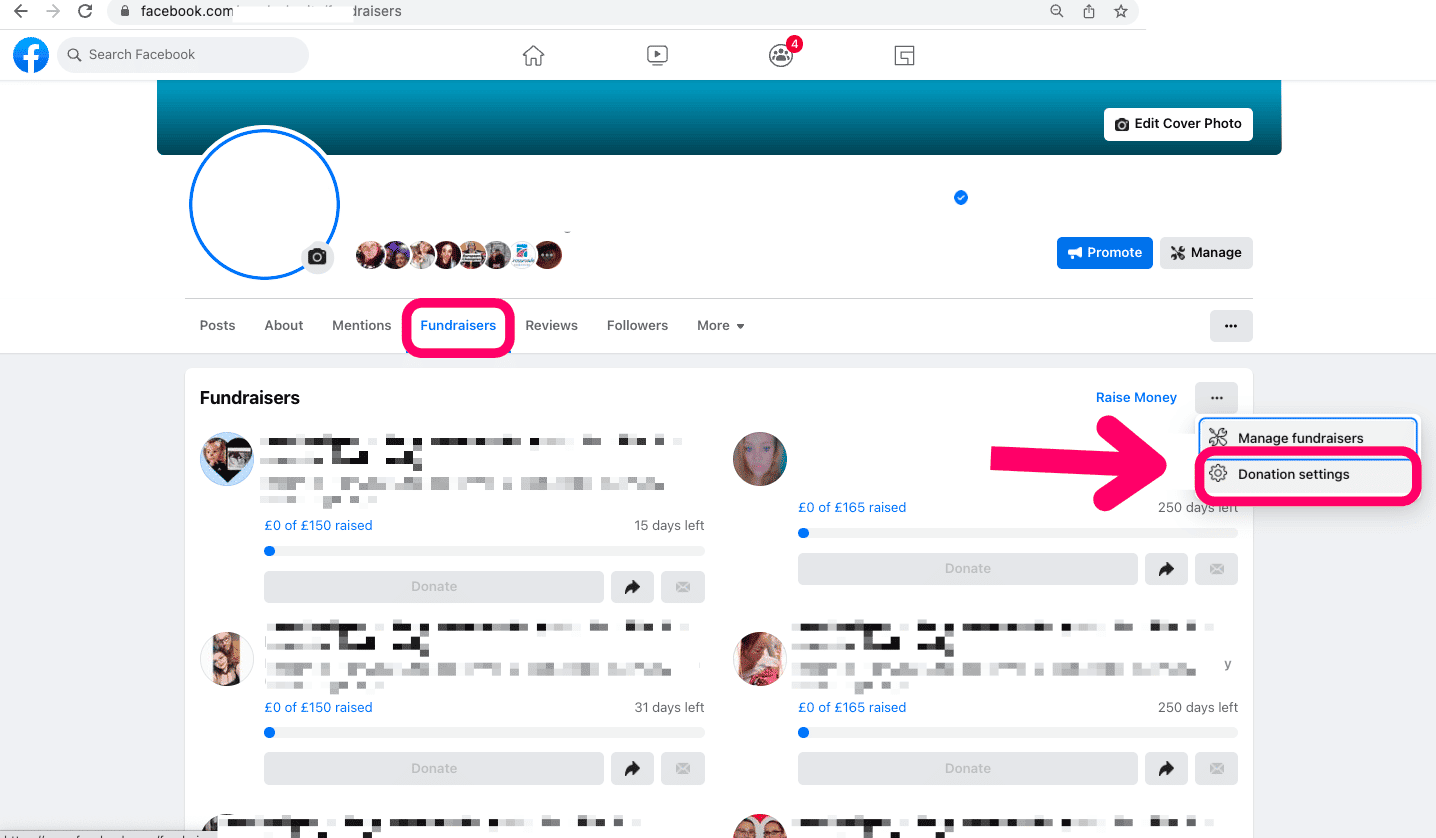Screenshot of a Facebook page on the Fundraisers tab. Editor is clicking the 'Donation settings' on the drop-down on the right-hand side.