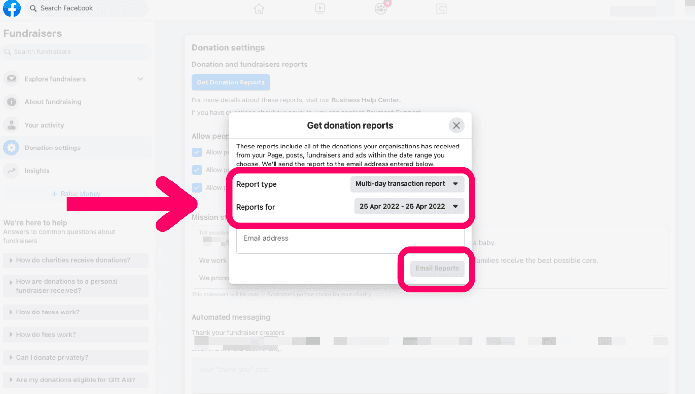 Screenshot of the 'Get donation reports' window with editor selecting 'multi-day transaction report' and the specific date period required