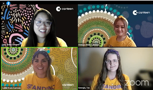 Image of the Canteen team on a Zoom webinar. There are four screens with four women. All women are wearing a yellow Canteen t-shirt