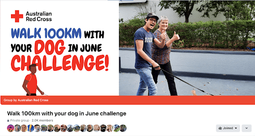 Screenshot of the Australian Red Cross Walk 100km with your dog in June Facebook Group.