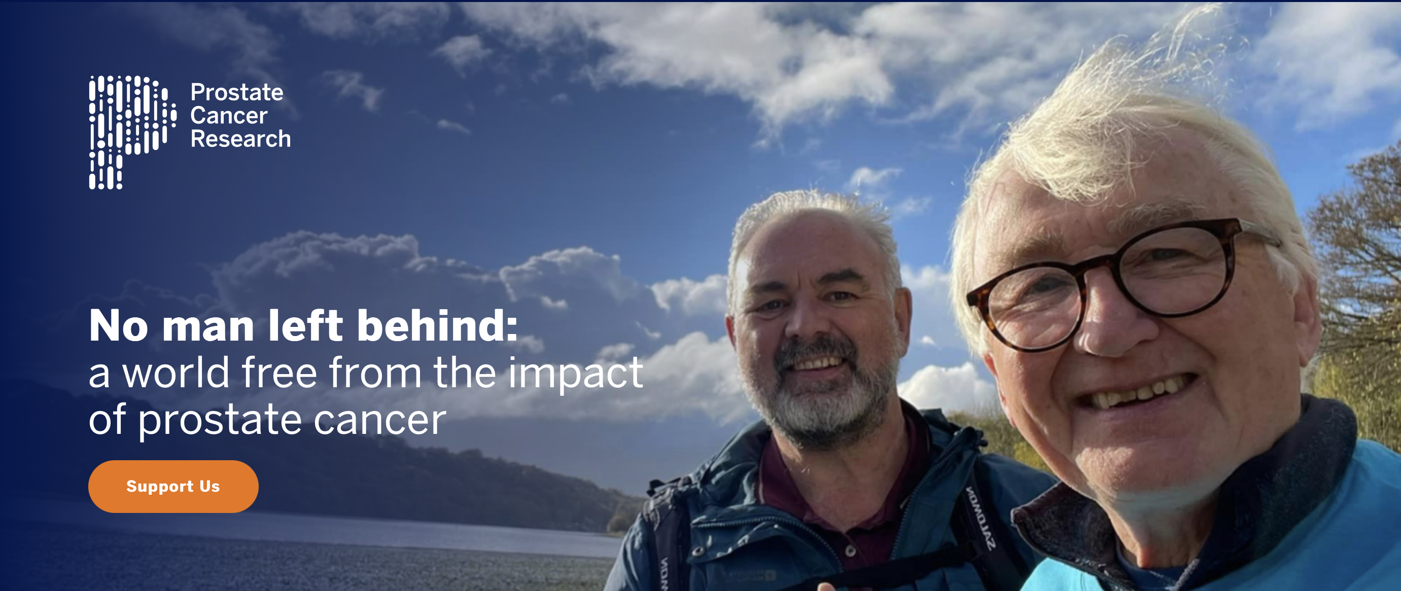 Screenshot of the Prostate Cancer Research website homepage that includes their logo and a photo of two men outside beside a large body of water.