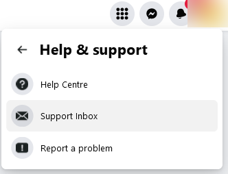 Screenshot of Facebook's Help & support tab with the option of Support inbox highlighted