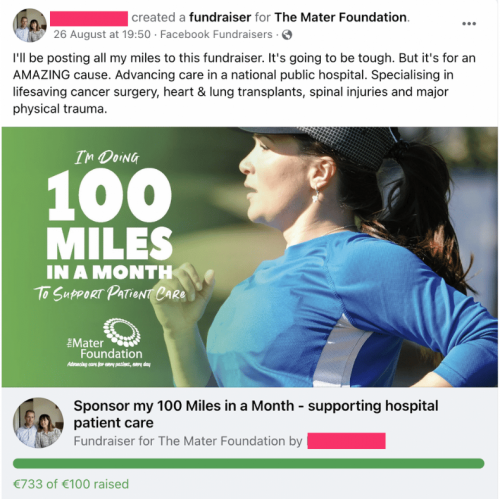 Screenshot of a Facebook post when a fundraiser has been created for The Mater Foundation