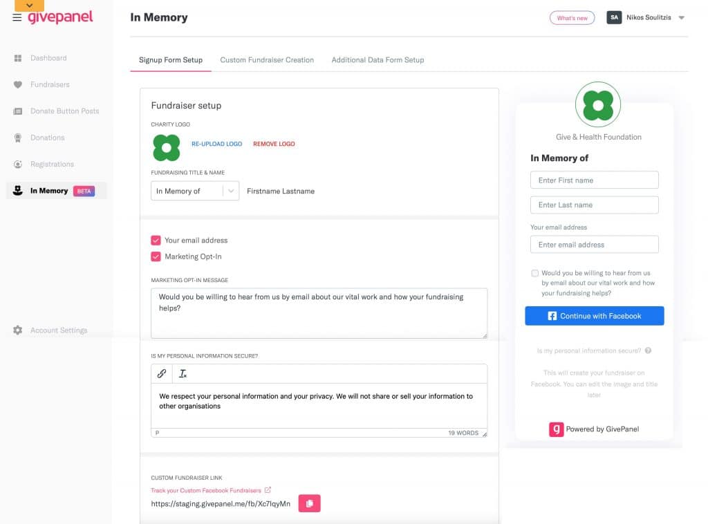 Example: In-Memory Signup Form Setup in GivePanel