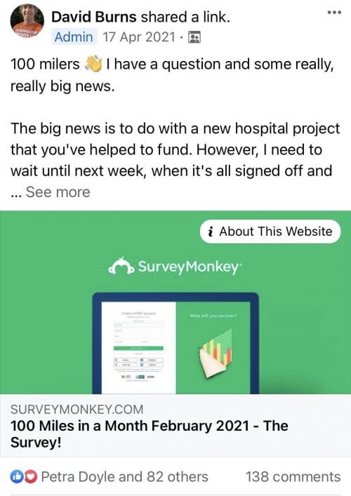 Screenshot of a Facebook post. The post contains a link to a SurveyMonkey survey about the 100 miles in in a month February 2021 Facebook Challenge.
