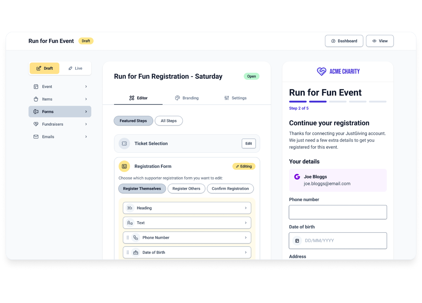 Screenshot of the GivePanel Events supporter registration flow