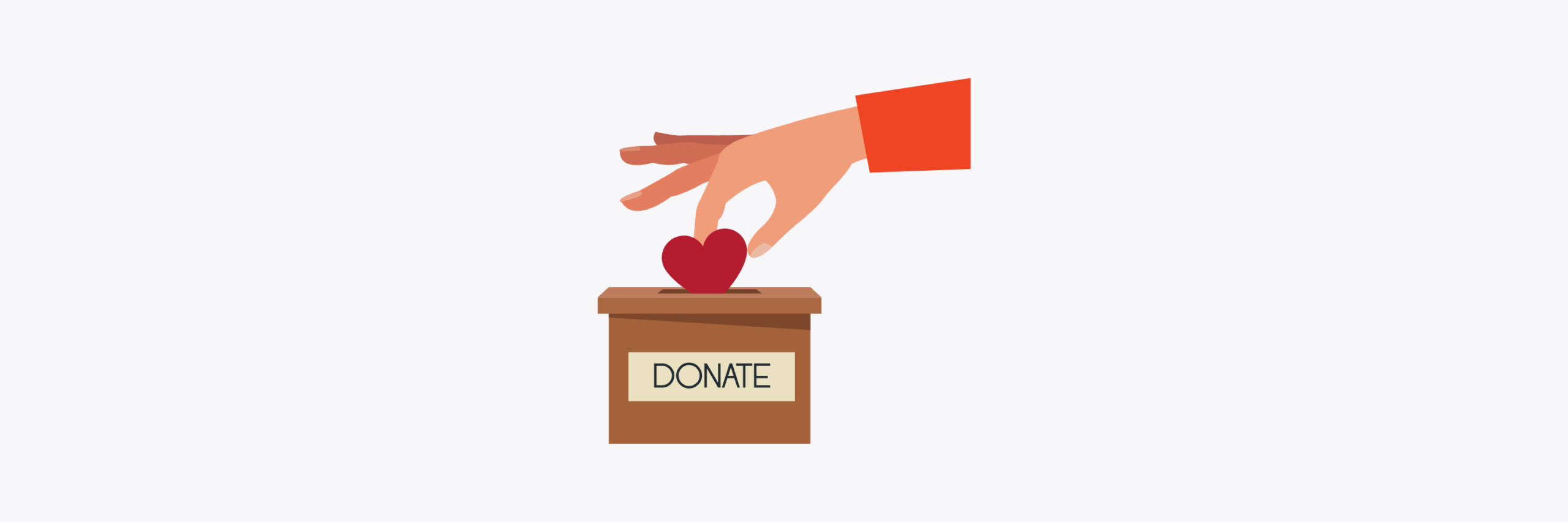 Illustration of a hand placing a heart into a wooden "DONATE" collection box