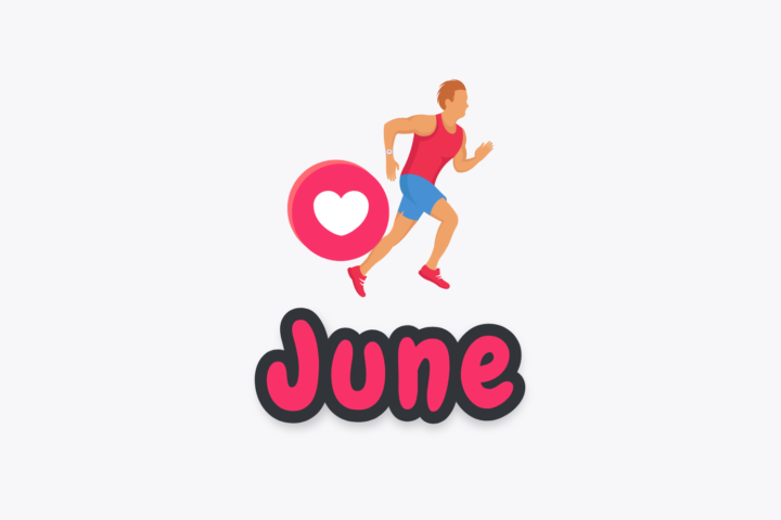 Image showing a love heart, a man running and the word 'June'.
