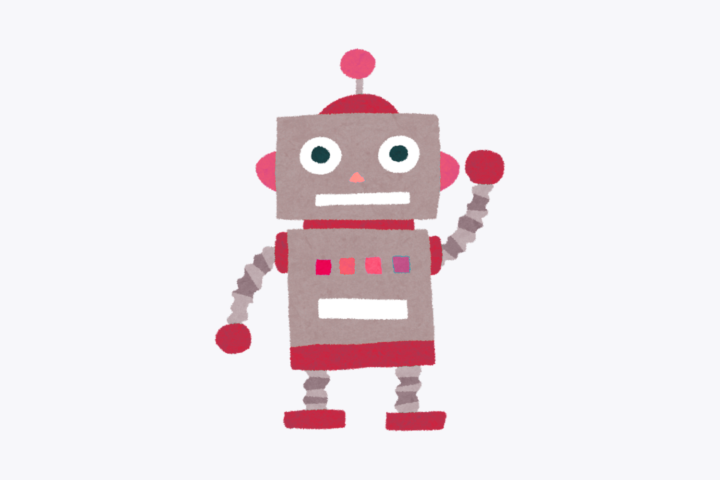 Illustration of a pink and brown robot with one arm in the air