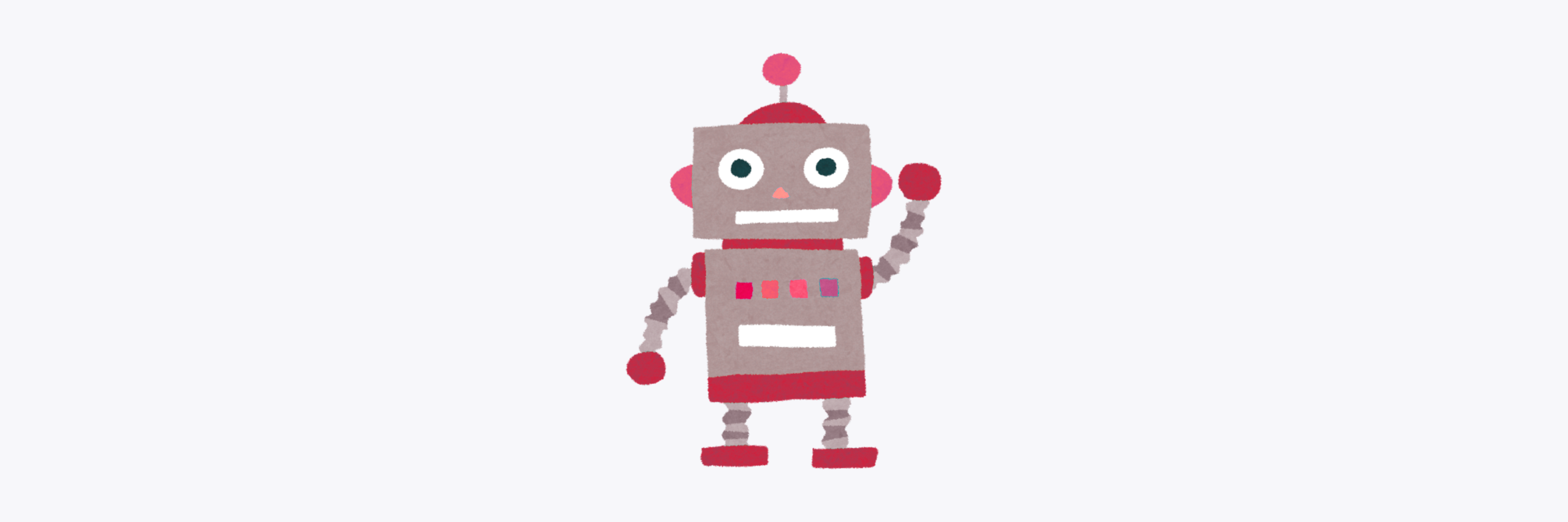Illustration of a pink and brown robot with one arm in the air