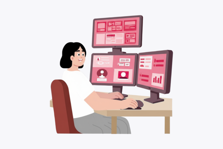 An image of a person monitoring 3 computer screens