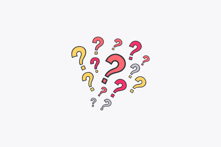 Illustration of a cluster of colorful question marks in red, yellow, and grey